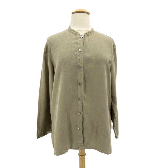 J. Jill Womens XL Top Linen Tunic Button Long Sleeve Tan Bohemian Hippie - Picture 1 of 8